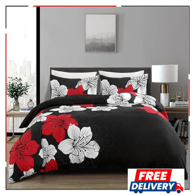Black Comforter Set Queen Red and White Floral Comforter with 2 Pillowcases 