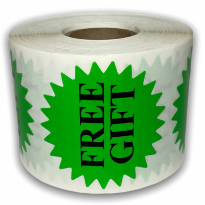Free Gift Labels 2'' Green Starburst Adhesive Marketing Stickers 2 RLS of 500 EA