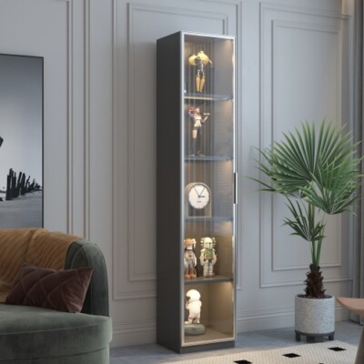 5-Shelf Single Door Metal Glass Display Storage Cabinet Lighting Trophy Case