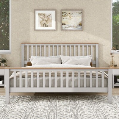 Country Gray Platform Bed With Oak Top For Home Bedroom