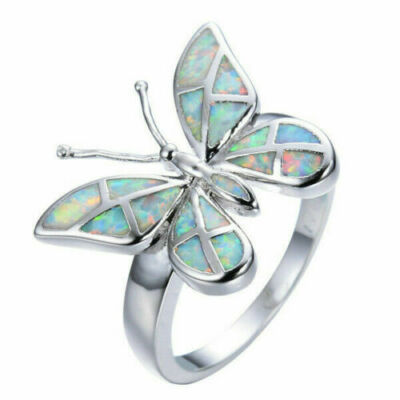 Silver Plated White Fire Opal Butterfly Jewelry Rings Size 5-11 Simulated glass
