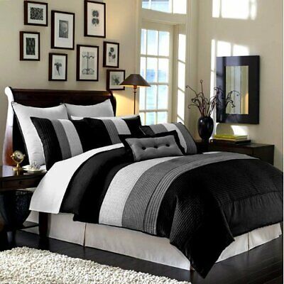 8-Piece Luxury Pintuck Pleated Stripe Black, Gray, and White