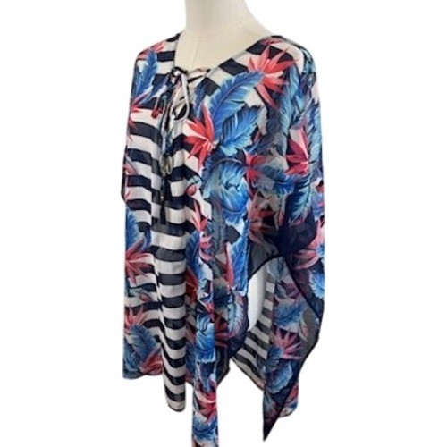 Tommy Bahama Multicolor Floral Striped Lace Up Swimsuit Poncho Top Size Small