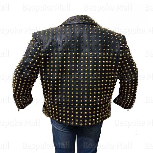 Pre-owned Handmade Men's Full Black Golden Studded Punk Brando Style Cowhide Leather Jacket-81