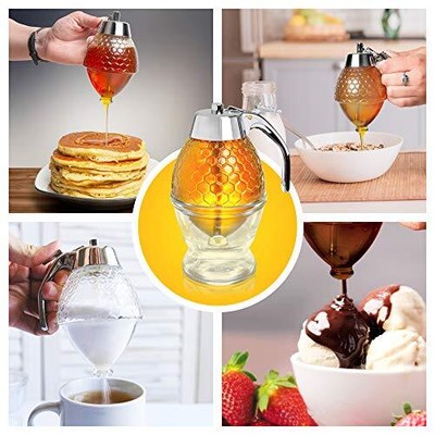 HONEY DISPENSER Maple Syrup Container Flip Top Glass Jar with Stand 8 Oz HUNNIBI