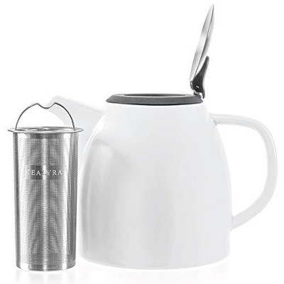 - Drago Ceramic Teapot White - 37oz 4-6 cups - Large Stylish Teapot with Stai...