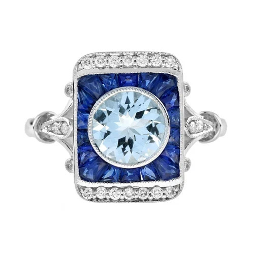 Art Deco Style Lab-Created Diamond Aquamarine Sapphire 14K White Gold FN Ring
