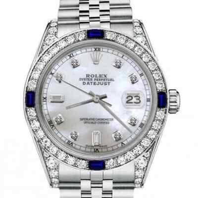 Women Rolex Datejust 31 mm White Pearl Dial Sapphire & Diamond Bezel Steel Watch