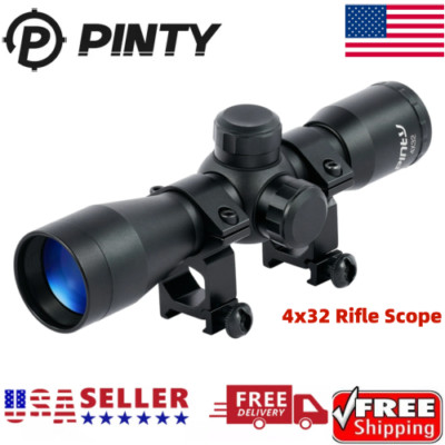 PINTY 4x32 Compact Rifle Scope Crosshair Mil Dot Optics Hunting Scope w/ Mounts