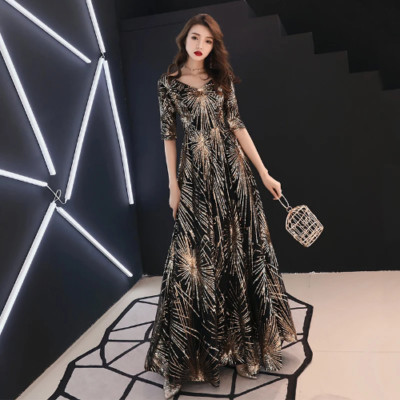 Evening Dress Gold Sequined Crystal O-Neck Black Floor-length Dinner Gowns