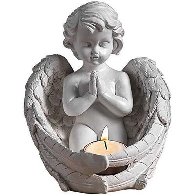 Kneeling Angel Tealight Holder, Prayer Cherub Angel Statue Votive Candle Hold...