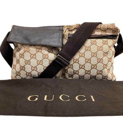 GUCCI GG Waist Pouch Fanny Pack Shoulder Bumbag Belt Bag Canvas Leather Brown