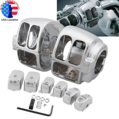 Chrome Handlebar Control Switch Housing Cover + 6x Switch Cap Buttons For Harley