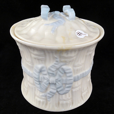 RIBBON BLUE Belleek BISCUIT BARREL 5.5'' tall NEW NEVER USED made in Ireland 