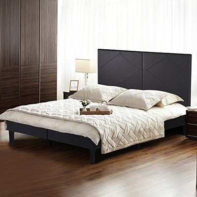 Queen Size Platform Bed Frame and with Headboard Wood Black Mattress Rail Modern