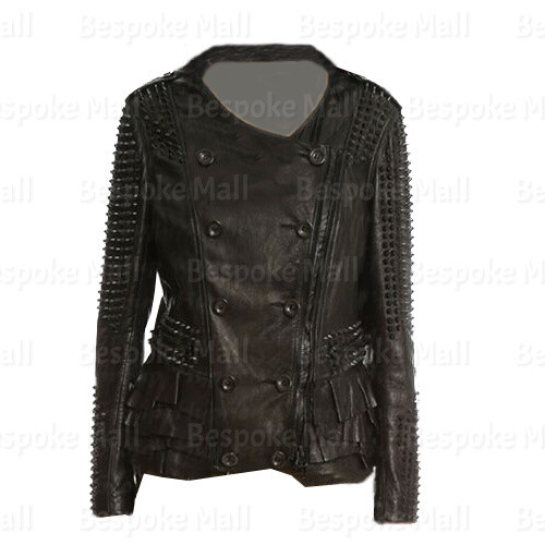 Pre-owned Handmade Women Black Full Heavy Metal Tonal Spiked Studded Button Leather Jacket-947