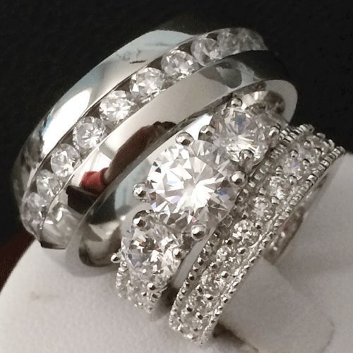 His & Hers Bridal Engagement Wedding Ring Set Stainless Steel / Sterling Silver
