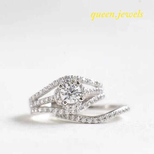 2CT Round Lab-Created Diamond Three-Shank Halo Women Ring Set 14K White Gold FN - Picture 3 of 5