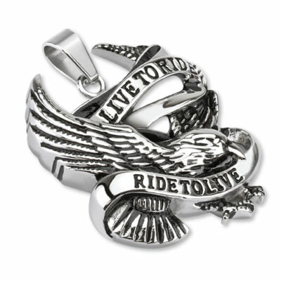 Stainless Steel ''Live to Ride Ride to Live'' Eagle Biker Pendant w/Necklace