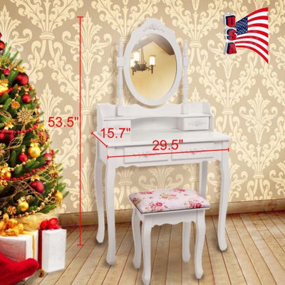 Vanity Makeup Dressing Table Set wStool 4 Drawer Mirror Jewelry Wood Desk White