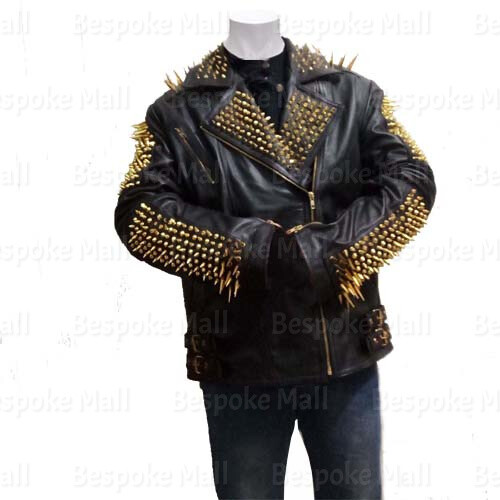 Pre-owned Handmade Men's Punk Black Golden Spiked Studded Unique Cowhide Biker Leather Jacket-19