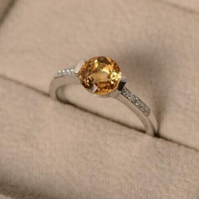 1.20Ct Round Lab-Created Citrine & Diamond Engagement Ring 14k White Gold Plated