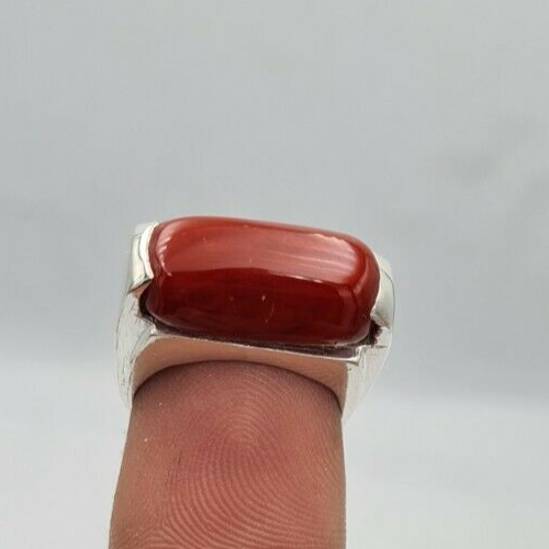 Pre-owned Handmade Natural Dark Deep Red Coral Moonga Coral Ring Marjan Unisex Ring Silver Jewelry