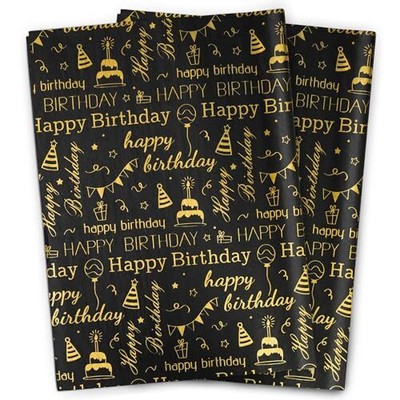Large Black Gold Birthday Tissue Paper Bulk20'' x 28''Black with Gold Happy Bir...