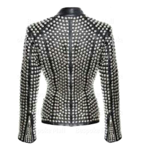 Pre-owned Handmade Woman's  Punk Silver Studded Brando Biker Cowhide Leather Jacket-814