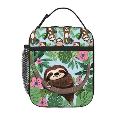 For Women Sloth Pink Flower Lunch Bag Leakproof Thermal Cooler Sac...
