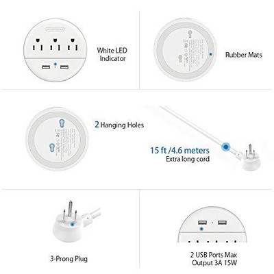 Extension Cord 15 Ft Power Strip With Long Extension Cord 3 Outlet 2 Usb Compact
