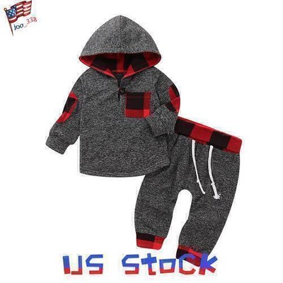 Toddler Baby Boys Plaid Clothes Hooded Tops Sweater Pants Tracksuit Outfits Set