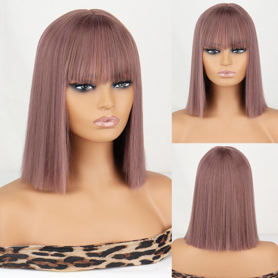 Short Orange Straight Bob Synthetic Wigs with Bangs Cosplay Hair Heat Resistant