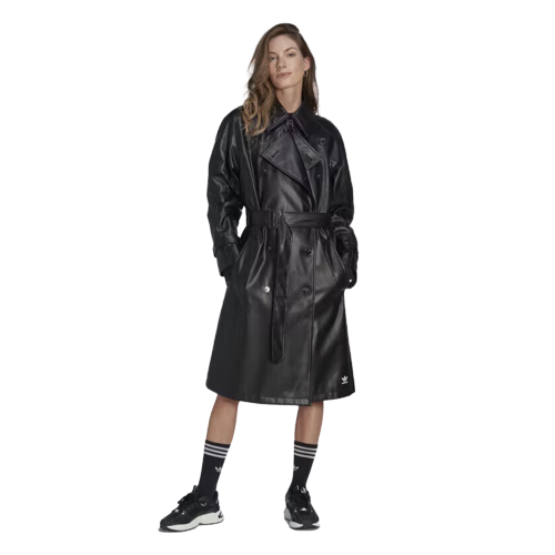 Pre-owned Adidas Originals Faux Leather Belted Trench Coat Black Ii6083 Women's Size L