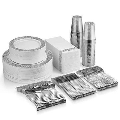 350 Piece Silver Dinnerware Set -50 Guest Silver Lace Design Plastic Plates . US