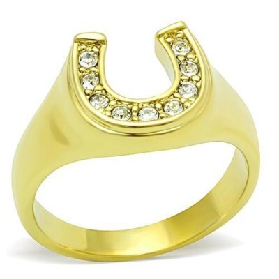 Classic Top Grade Crystal Lucky Horse Shoe 14k Gold Plated Stainless Steel Ring