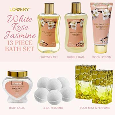 Bath and Body Gift - 13 Pc Set of White Rose Jasmine Home Spa in Perfume Holder