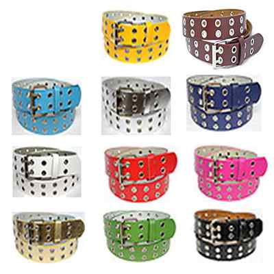 Double Row Leather Belt w/ Silver 2 Grommet Two Holes Buckle