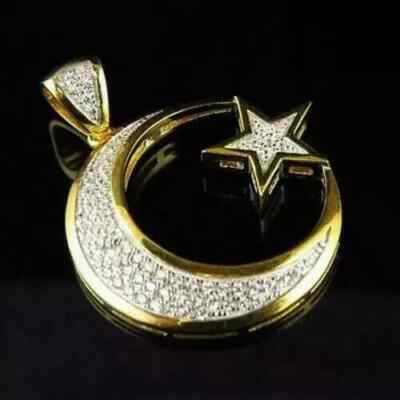 2Ct Round Cut Real Moissanite Moon & Star Charm Pendant 14K Yellow Gold Plated