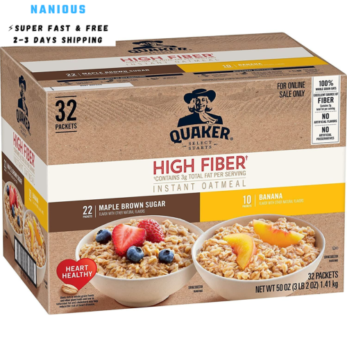Quaker Instant Oatmeal, High Fiber 2 Flavor Variety (32 Pack)