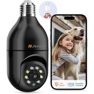 2K Light Bulb Security Camera Wireless Outdoor - 360° Light Bulb Cam - Black