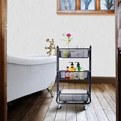 3-Tier Utility Carts Metal Mesh Rolling Storage Handle Black