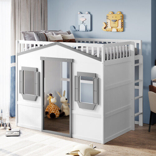 S Platform Bed House Loft Bed With Ladder White+gray New