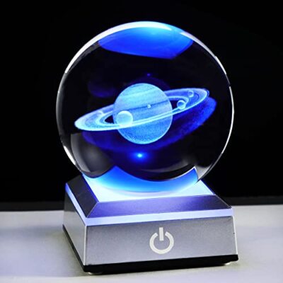 80mm 3d Engraved Saturn K9 Crystal Ball With Silver Led Base Solar System Glass 