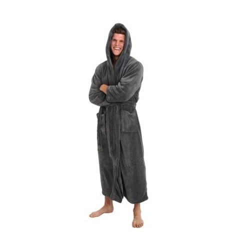 Men's Hooded Steel Bathrobe Gray Fleece Small Medium Full Length Spa Robe Micro