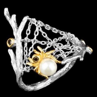 BLACK SPINEL PEARL HANDMADE SPIDER WEB IN STERLING SILVER 925 RING SIZE 9