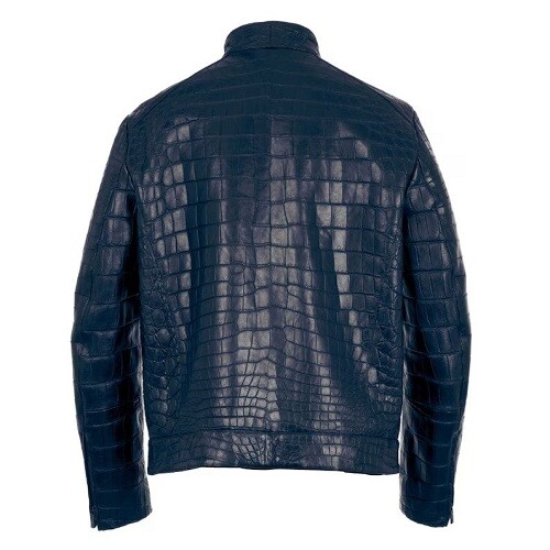 Pre-owned Handmade Men's Real Crocodile Embossed Blue Real Leather Biker Jacket, Fashion Steampunk In Same As Picture