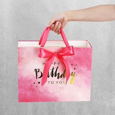 13" Large Birthday Gift Bag with Card and Tissue Paper Big Pink and Gold Birt...
