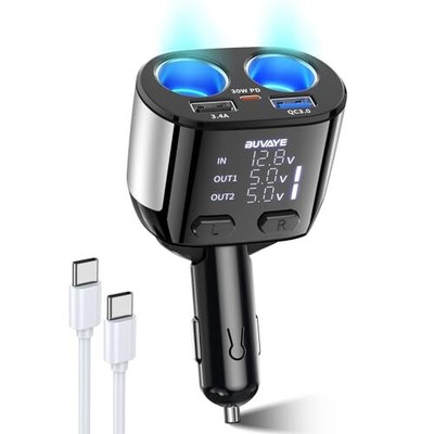 5 in 1 USB C Car Charger Adapter with 30W Type-C Cable,  Fast Charge Cigarette 