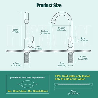 Stainless Single Hole Faucet Tap for Bathroom Kitchen Sink Outdoor Garden Bar